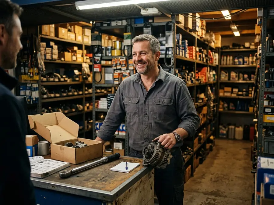 Mechanic at the parts counter of a motor spares shop