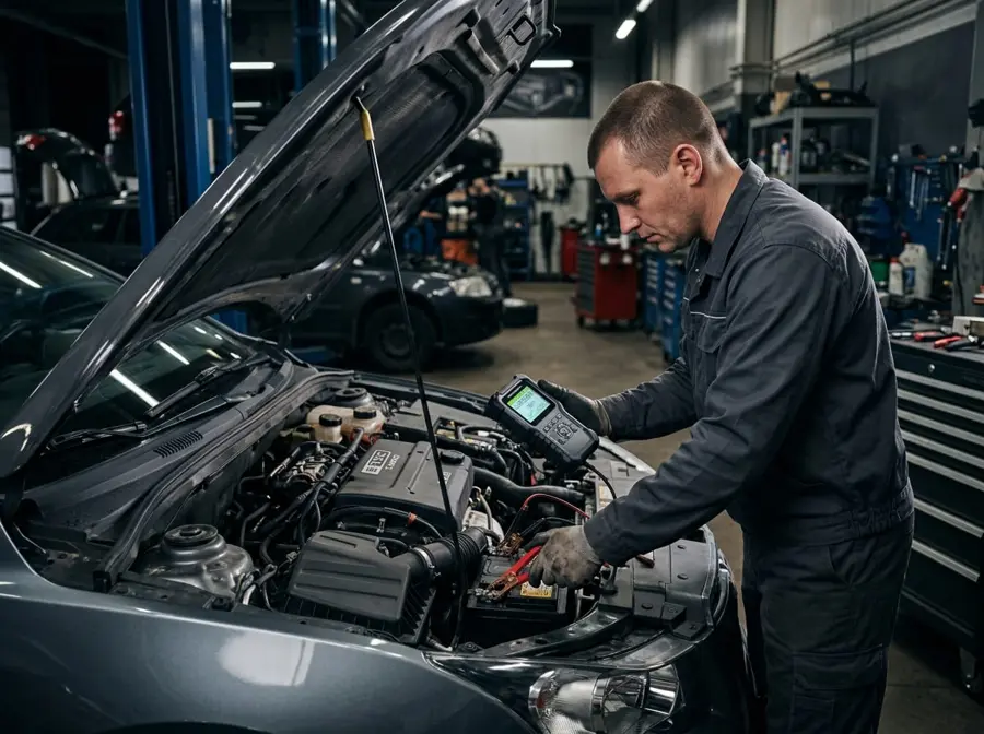 Technician testing a car battery with a digital tester