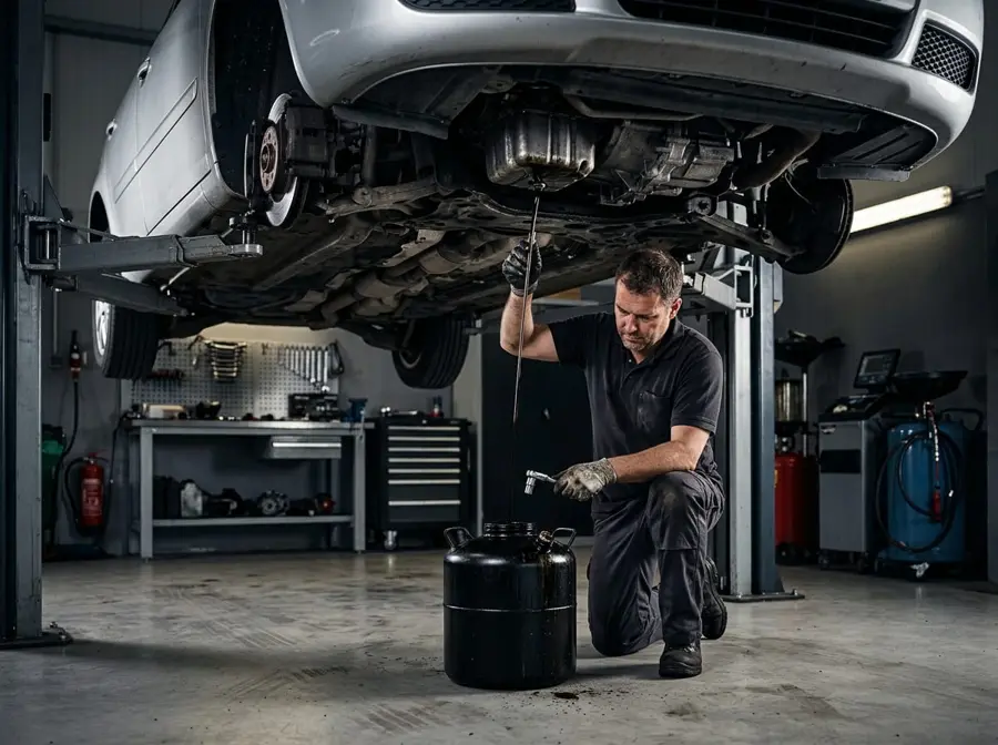 Mechanic servicing a vehicle on a hoist