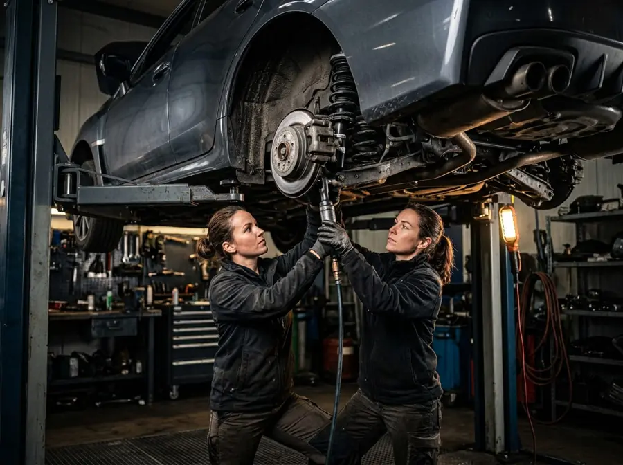 Mechanic replacing a shock absorber on a raised vehicle